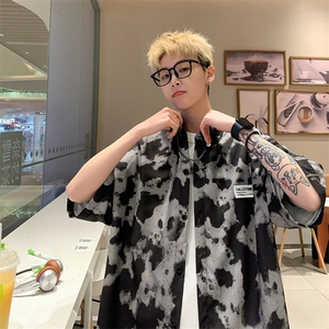 夏季宽松高级感垂感短袖衬衫男潮流痞帅水墨免烫衬衣潮A2223-P35图片