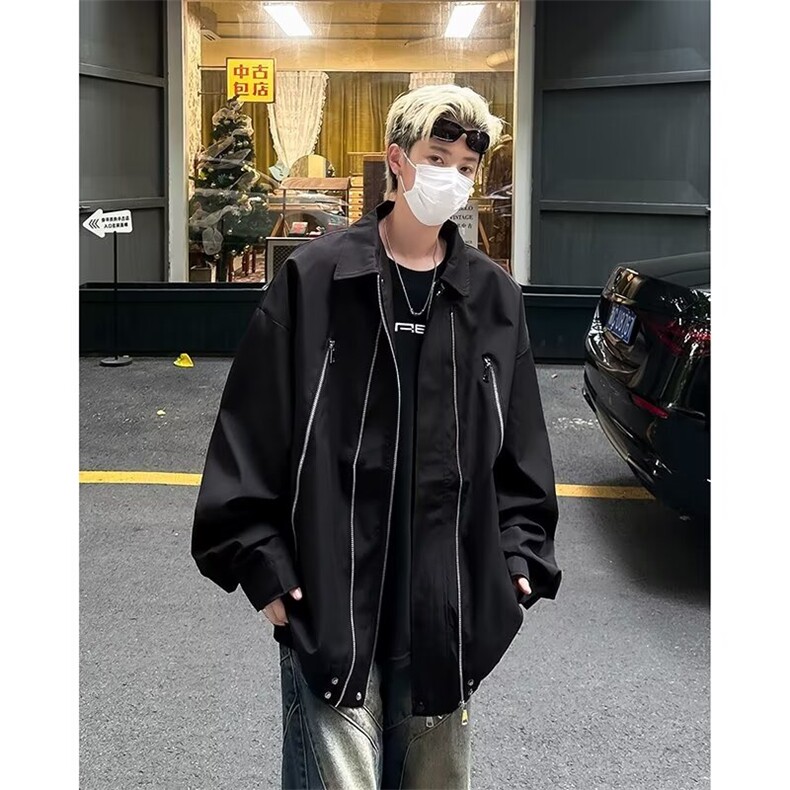 美式高街翻领拉链夹克男春秋季纯色潮牌宽松休闲外套J2319/P68,男装夹克,星座506