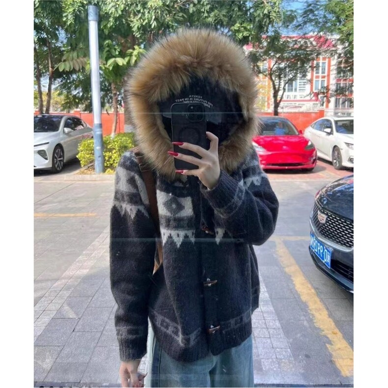 网图费尔岛毛领连帽毛衣外套高级感慵懒针织开衫 A025-KM1043-P83图片
