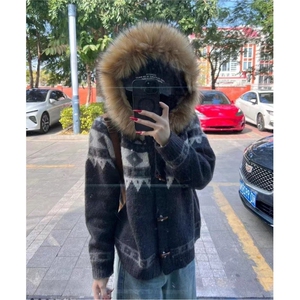 网图费尔岛毛领连帽毛衣外套高级感慵懒针织开衫 A025-KM1043-P83图片