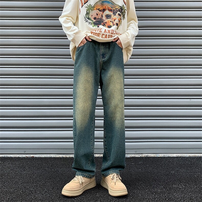 牛仔裤男美式高街复古潮牌ins做旧宽松港风阔腿牛仔长裤，男装牛仔裤，星座516A