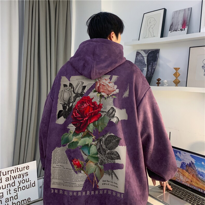 秋季新款港风INS潮玫瑰印花宽松百搭连帽卫衣JK23389特批43-控69,男装卫衣,星座605(原A050)