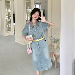 渐变翻领牛仔连衣裙女夏2025新款收腰显瘦气质小个子甜美爆款流行图片