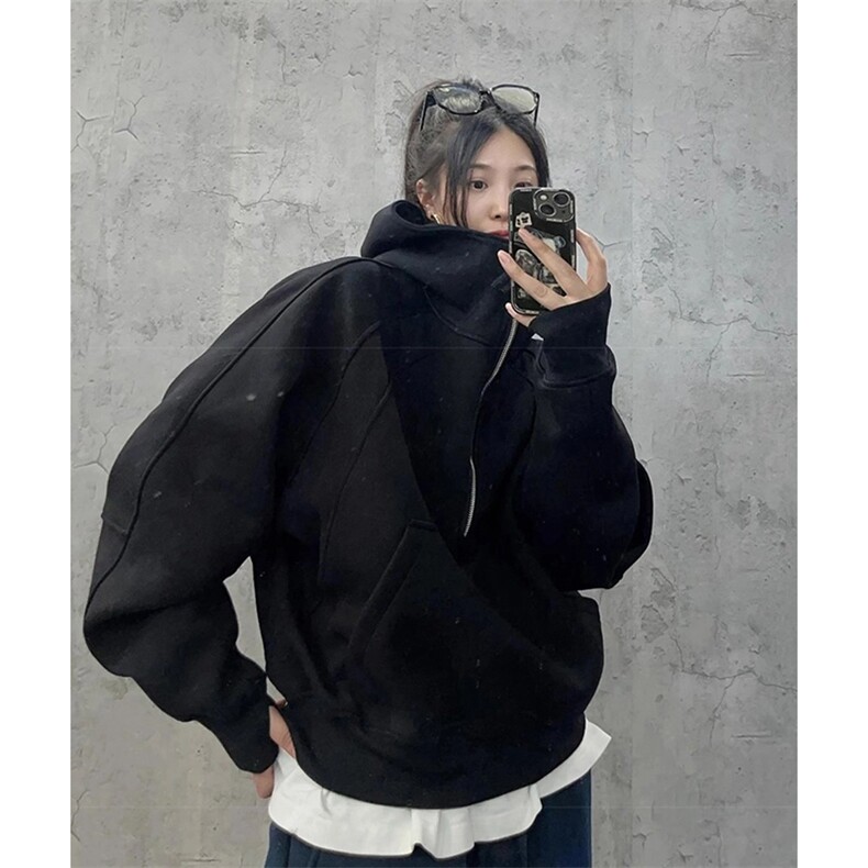 抖音得物二开美式重磅宽松结构拉链设计防风高领连帽卫衣外套W76,男装卫衣,电商A486