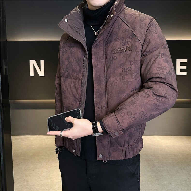 9517-M-4XL-P195标50绒店主风男士休闲立领满印修身羽绒服外套,男装羽绒服,电商B255