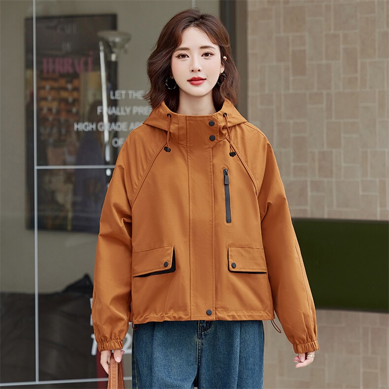 连帽风衣外套女2025春秋季新款时尚休闲冲锋衣减龄宽松工装夹克衫,女装短外套,依路服饰