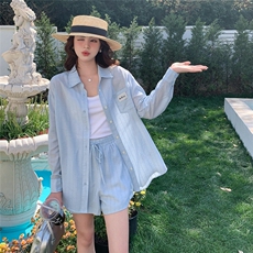 洋气减龄蓝色衬衫套装女2025夏季新款小个子短裤衬衣穿搭一整套，女装套装/套裙，浪娴服饰