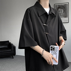 TZ785-特p55控98新中式风斜门襟飞机扣冰丝短袖衬衫大码套装，男装T恤，电商A059