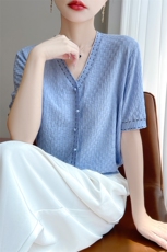 2025春夏V领针织短袖T恤女小香风拼色上衣宽松提花镂空半袖打底衫，女装针织衫/毛衣，凯思米羊绒