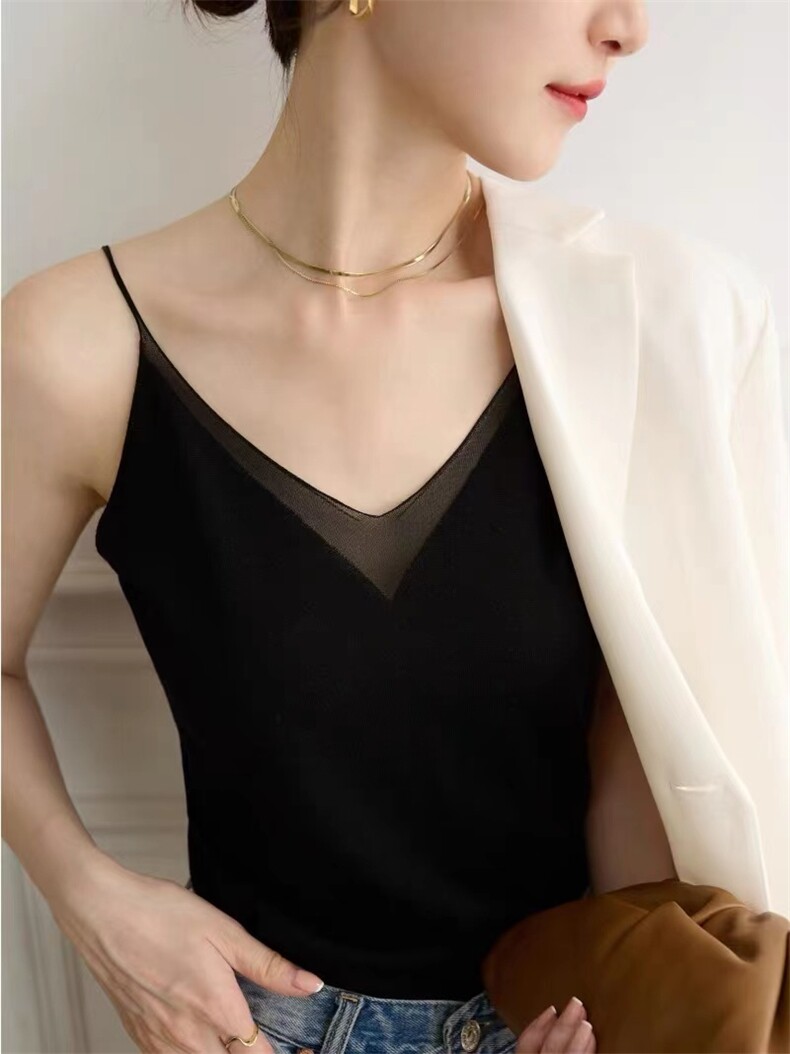 欧根纱拼接V领吊带百搭薄款背心女春夏新款时尚百搭打底衫内搭，女装背心吊带，圣旺供货