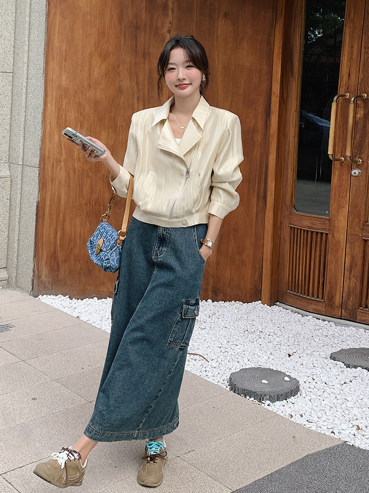 休闲短外套女2025春秋新款百搭气质显瘦韩版斜拉链夹克上衣米白色，女装短外套，慧峰