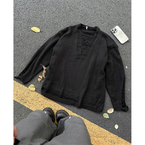 美式复古设计感长袖毛衣男2025新款破洞流苏针织衫小众外套-M5566图片