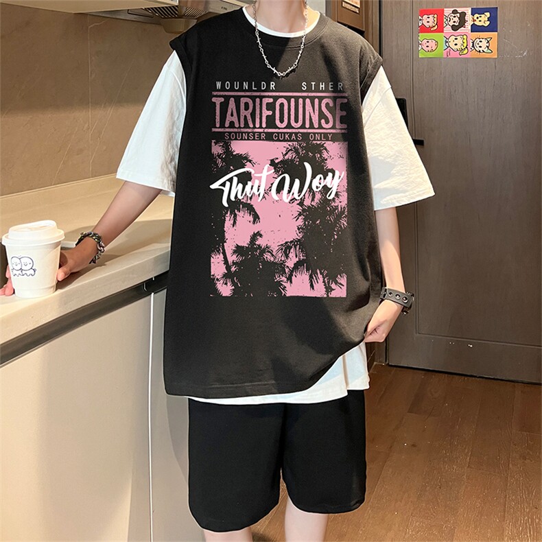 直播品质美式宽松纯棉背心无袖t恤短裤大码两件套套装TZ90-P58,男装T恤,电商A486