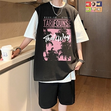 直播品质美式宽松纯棉背心无袖t恤短裤大码两件套套装TZ90-P58，男装T恤，电商A486