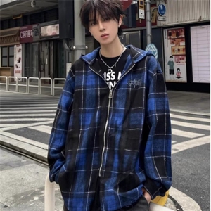 C300-P53 美式哥特风蓝格连帽衬衫男女春秋季潮牌高街拉链宽松图片