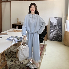 韩版休闲运动卫衣套装女2025春新款设计感蕾丝拼接阔腿裤两件套，女装套装/套裙，2C129