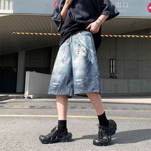 美式喷画链条印花牛仔七分裤2025夏季高腰宽松直筒短裤RK2895-51图片