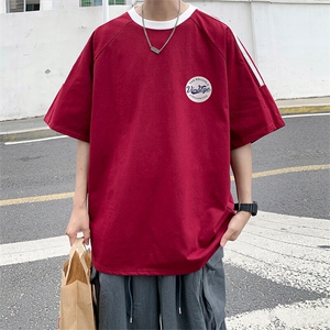 夏季美式高街重磅纯棉三条杠织带撞色男女短袖T恤ZD624-特P30图片