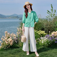 七分袖夏款年轻国风套装女2025新款干练气质亚麻显瘦贵夫人两件套，女装套装/套裙，水衣源