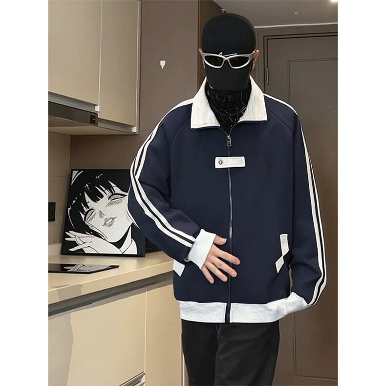 抖音得物品质秋冬美式高街重磅结构拼接织带翻领卫衣夹克外套W113,男装夹克,电商A486