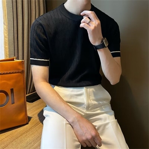 麻花纹杏色圆领短袖毛衣男内搭打底衫春季薄款针织衫 M869图片