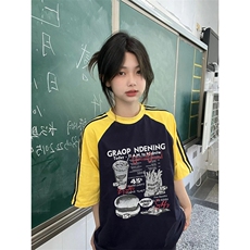 夏季美式高街重磅纯棉三条杠织带插肩撞色男女短袖T恤CZ72-特P25，男装T恤，电商A486