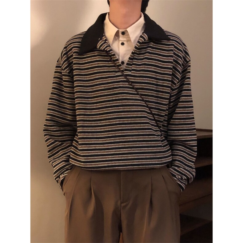 假两件条纹polo衫卫衣男秋季美式学院风dk领带衬衫领外套WYB3,男装衬衫,星座516A