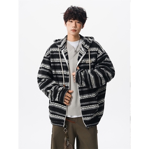 8XL-M 潮情侣美式磨毛编织条纹针织衫卫衣宽松拉链外套WY30P88图片