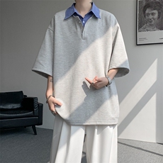 8XL-M格纹拼接假两件短袖t恤大码美式重磅polo翻领半袖DX1218/P48，男装T恤，电商B238