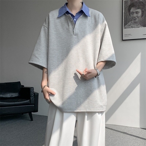 8XL-M格纹拼接假两件短袖t恤大码美式重磅polo翻领半袖DX1218/P48图片