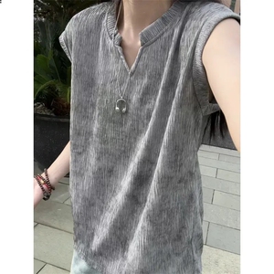 美式复古扎染v领背心男夏季速干坎肩无袖t恤高级感痞帅肌理感体恤图片