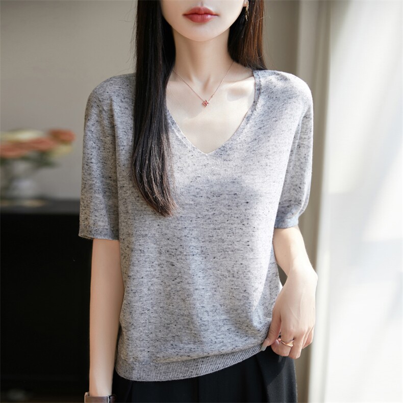 时髦洋气V领针织短袖T恤打底衫女夏季薄毛衣内搭宽松慵懒韩版通勤,女装T恤,东远绒业