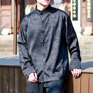 秋装现货风大码男士立领长袖衬衫暗花纹提花开衫CS01-P75控98图片