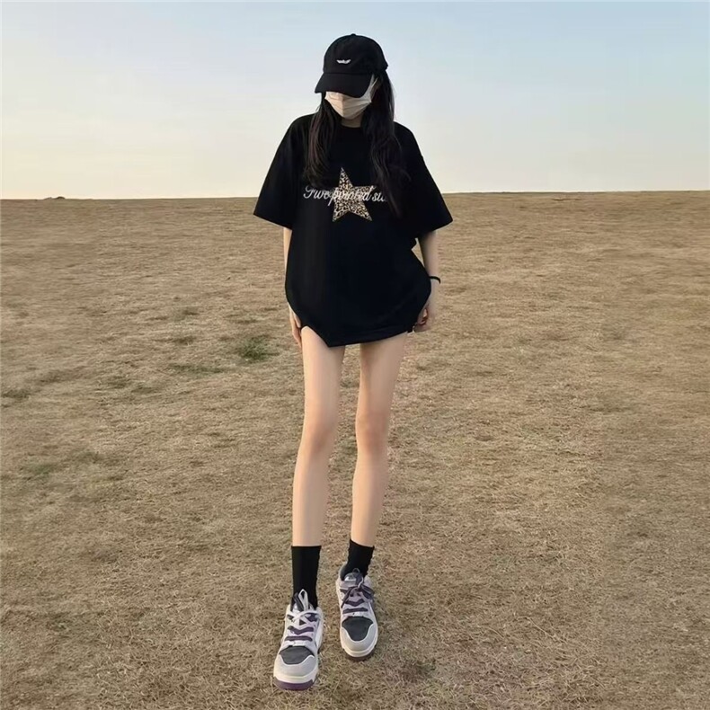 美式潮牌高街豹纹五角星短袖T恤男女宽松情侣半袖ins,男装T恤,星座1210-1