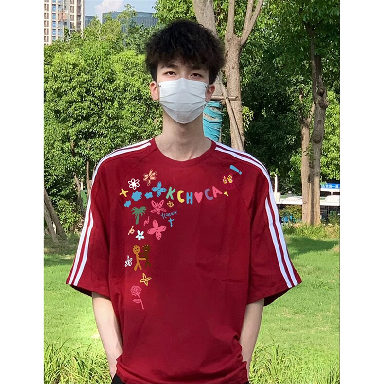 抖音得物高品质二开240克宽松纯棉美式潮牌三条杠织带短袖T恤,男装T恤,电商A486-1