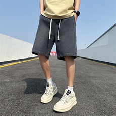 浅蓝休闲短裤男潮牌直筒牛仔裤子ins星空纹撞色阔腿裤D3#-P40，男装牛仔裤，电商A178