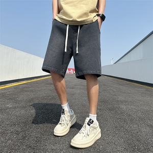 浅蓝休闲短裤男潮牌直筒牛仔裤子ins星空纹撞色阔腿裤D3#-P40图片