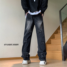 B221美式ins高街小众立体毛边字母直筒牛仔裤LK23025-P60控78，男装牛仔裤，电商B221