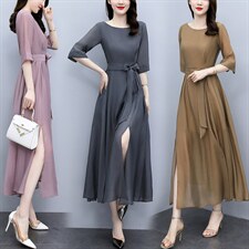 时尚天丝连衣裙女2025年夏季新款气质收腰高级感长款薄款法式裙子，女装连衣裙，关键词