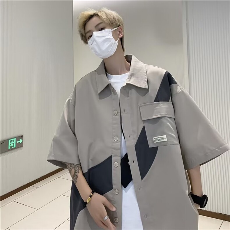 衬衫男士夏季新款撞色工装短袖宽松港风潮休闲衬衣外套C2793-P33,男装T恤,星座1008-1