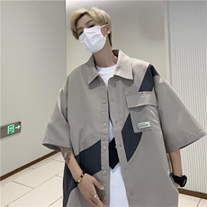 衬衫男士夏季新款撞色工装短袖宽松港风潮休闲衬衣外套C2793-P33，男装T恤，星座1008-1
