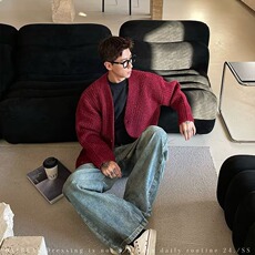 2025秋季复古潮牌纯色开衫毛衣男宽松情侣慵懒针织衫外套，男装针织衫/毛衣，星座516A
