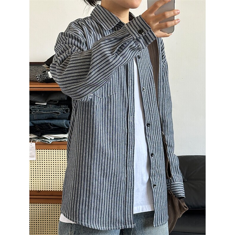 条纹衬衫潮牌长袖衬衣宽松港风休闲外套CS287-P45,男装衬衫,星座301C-5