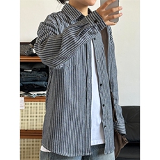 条纹衬衫潮牌长袖衬衣宽松港风休闲外套CS287-P45，男装衬衫，星座301C-5