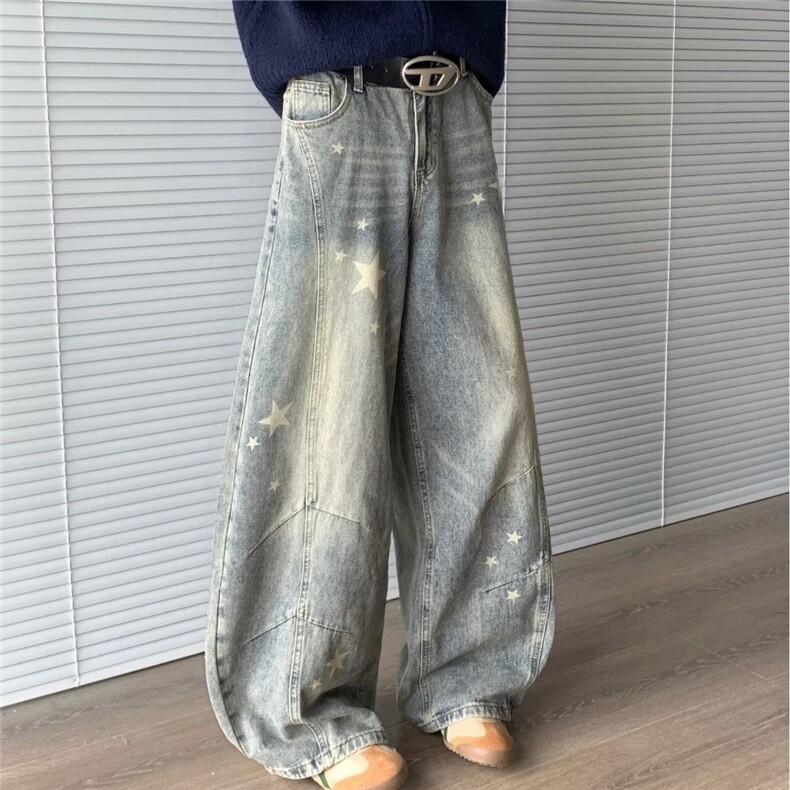 美式复古阔腿牛仔裤男秋季2025新款高腰显瘦宽松慵懒风阔脚拖地裤,男装牛仔裤,星座410-6（原星座1304-1）