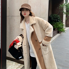 冬款麂皮绒拼羊羔毛双排扣厚皮毛一体长外套2C050-1208-P210-K328，女装皮草，2C050