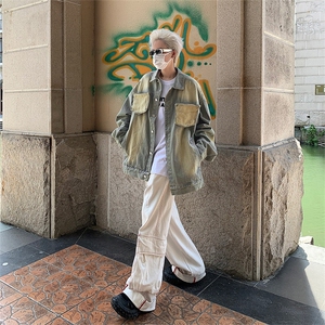 美式高街水洗做旧黄泥牛仔夹克男女潮牌口袋可拆卸外套JK08933-69图片