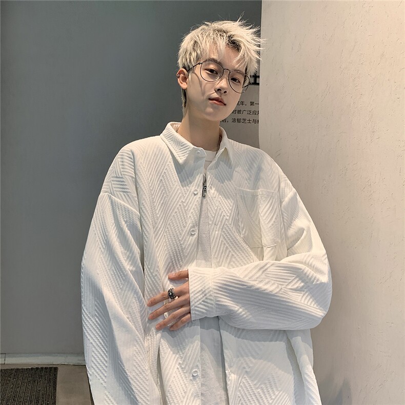 2025秋冬新款几何图翻领大码衬衫港风男外套CS1801/特P28白色2,男装衬衫,电商A094