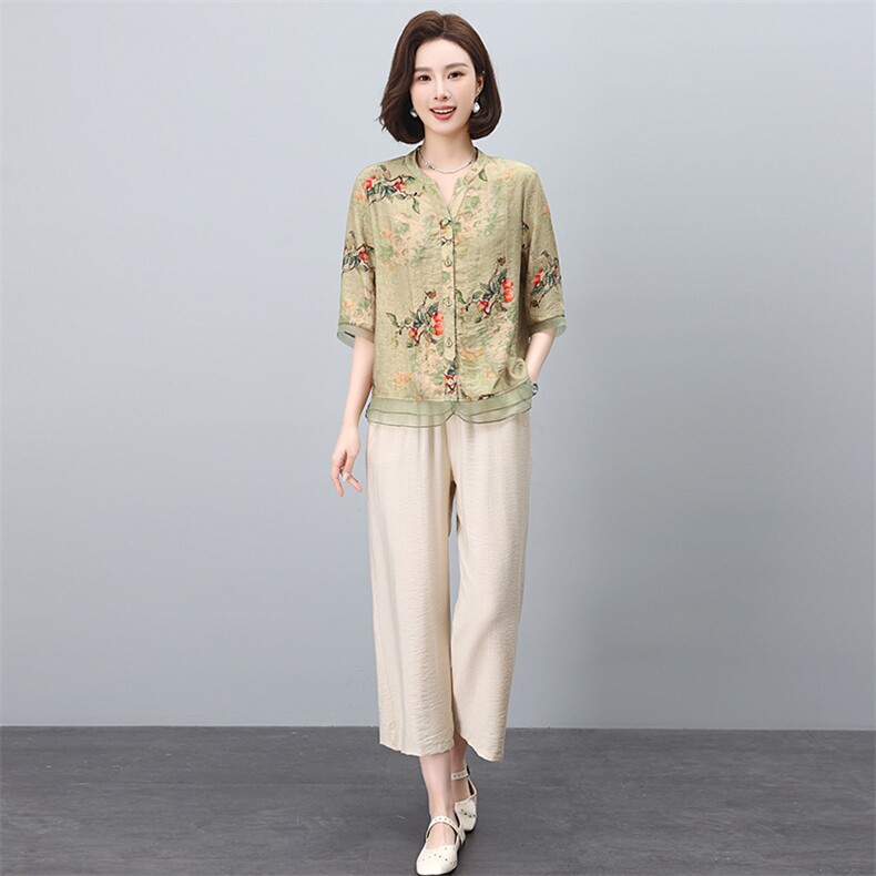 优雅印花天丝上衣搭配阔腿裤套装显瘦时尚两件套，女装套装/套裙，凝聚力