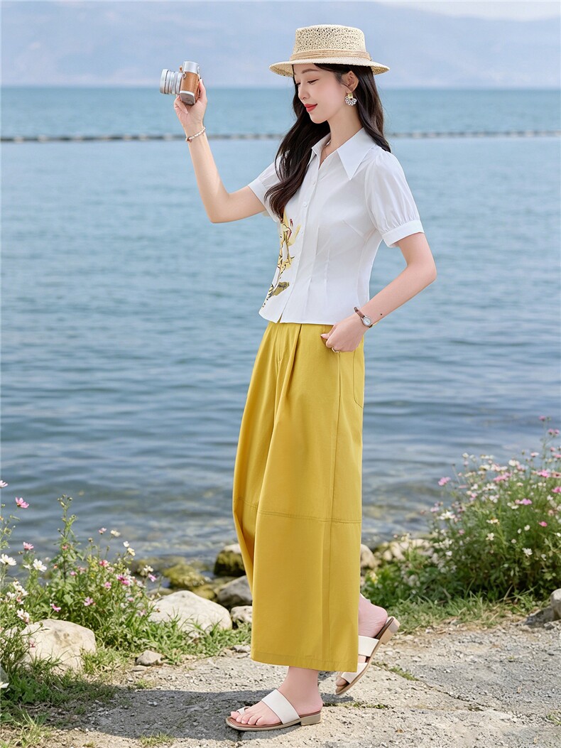 轻熟风时尚小翻领衬衫套装女2026夏气质印花上衣休闲裤两件套,女装套装/套裙,水衣源